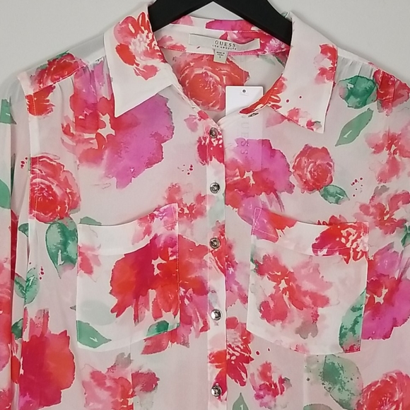 Guess Abstract Floral Print Button Down Blouse - Picture 5 of 14